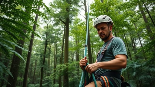 Arborist managing ropes in forest illustrating arborist risks in tree work.