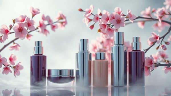 Elegant display of cosmetic bottles amidst cherry blossoms and mist.
