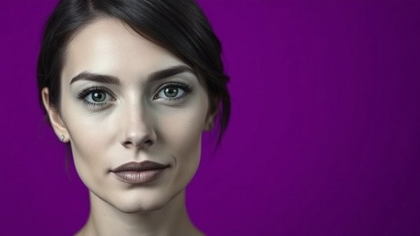 Monochrome portrait of a woman on purple background, TikTok advertising strategy concept.