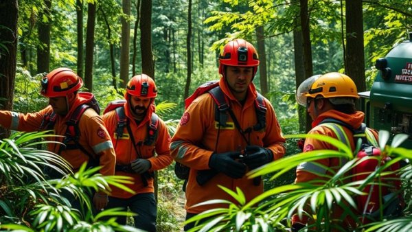 Rescue workers assist after a worker hit by falling tree in forest