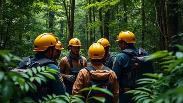 Emergency responders in forest settings, teamwork in action.