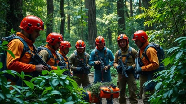 Rescue workers practicing arborist safety in dense forest