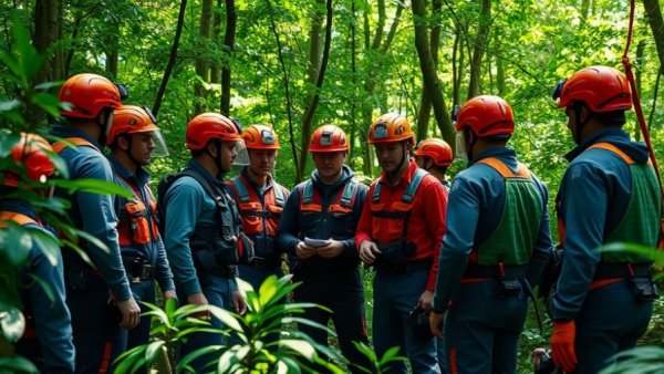 Rescue team in forest ensuring arborist safety operation.