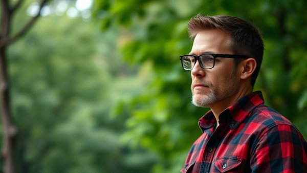 Contemplative man in red plaid shirt outdoor, digital advertising strategy