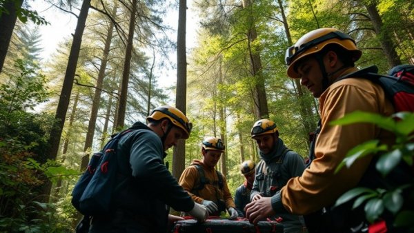 Rescue team in forest gear preparing, local tree expert Shelby Michigan context