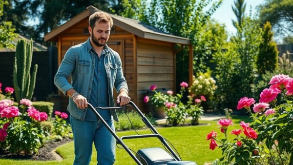 Lawn care services Shelby MI with person mowing lush garden