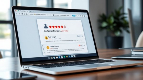 Laptop screen showing customer reviews and ratings with alerts