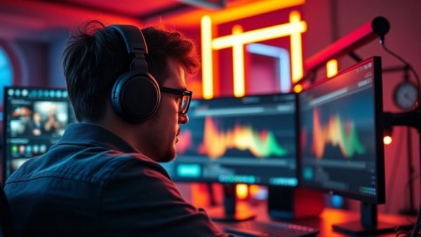 Person editing a video online with dual monitors in tech office.