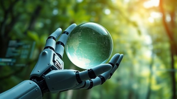 Robotic hand holding digital globe in a green background, illustrating AI in lawn care.