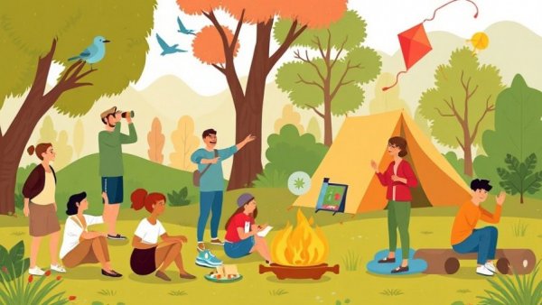 Illustrated outdoor activities to reduce screen time; Ways to Touch Grass.