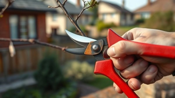 Trimming a tree branch with pruning shears in garden