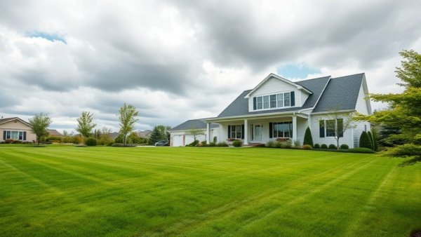 Pristine lawn in front of a modern house, showcasing lawn fertilization and weed control services in Muskegon.