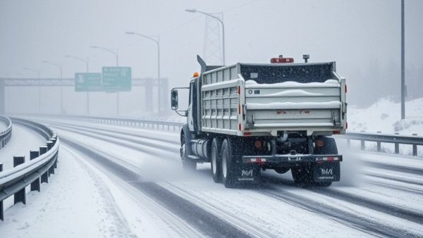 Snow removal truck clearing highway in Illinois during snowfall