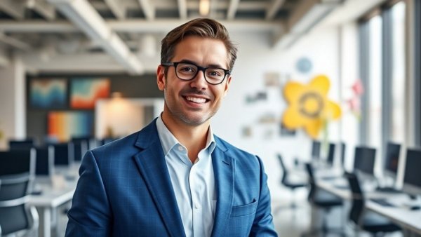 Man in blue suit in office discussing consumer data in marketing.