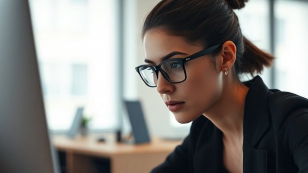 Focused woman analyzing AI search updates for businesses on screen.