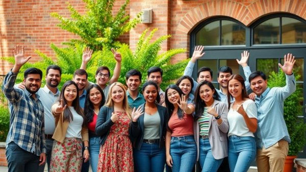 Diverse group outside a brick building for Social Media Marketing.