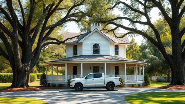 Traditional rural home in Cowpens with trees and a pickup truck.