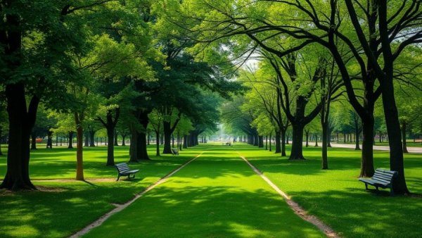 Lush park path with trees and benches, Lebanon Urban Tree Canopy Initiative.