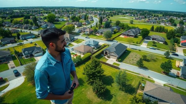 Suburban aerial view with individual in blue shirt; lawn fertilization and weed control services Muskegon.