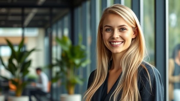 Young woman in modern office smiling warmly, Mercedes-Benz marketing strategy context.