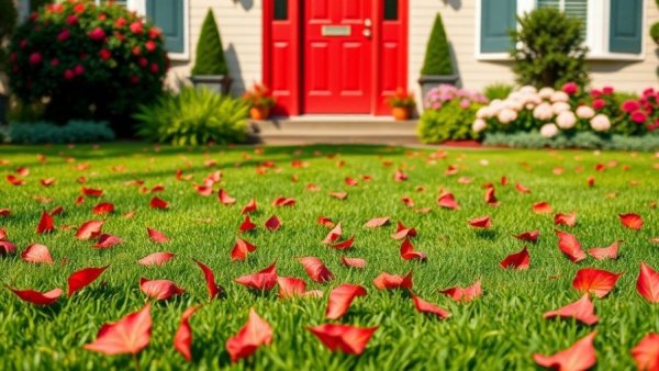 Lush green lawn with fall leaves in Ottawa home garden.