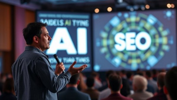 AI SEO transformation speaker at tech conference with LED display