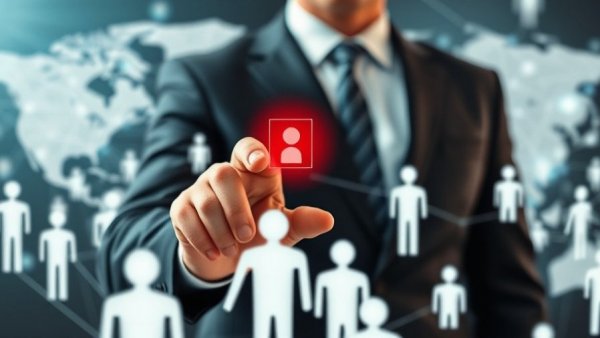 Businessman pointing at digital network map showing an integrated digital marketing strategy.