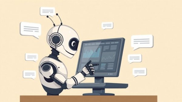 Robot analyzing online reviews impact on SEO, surrounded by comments.