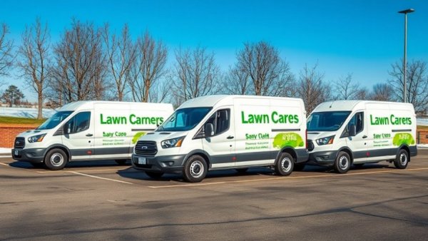 Lawn care services Shelby MI, professional vans in parking lot