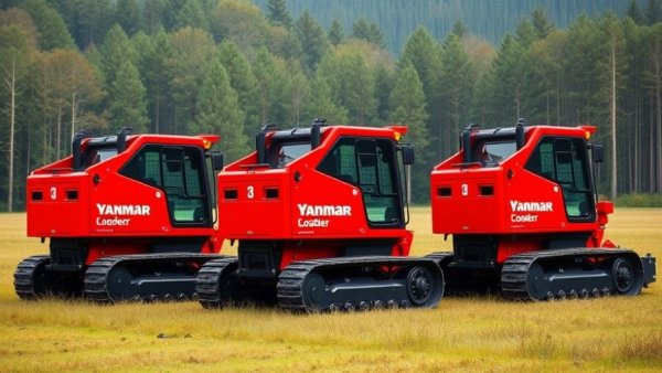 Three Yanmar compact track loaders in a grassy field.