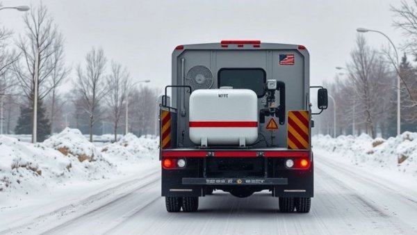 Anti-icing truck in snowy Muskegon, offering snow removal services.