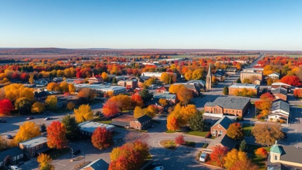 Aerial view of Shelby, Michigan with autumn foliage and buildings.