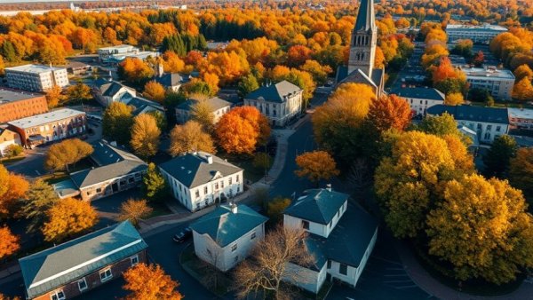 Aerial view of Shelby Michigan with colorful autumn trees and local architecture.