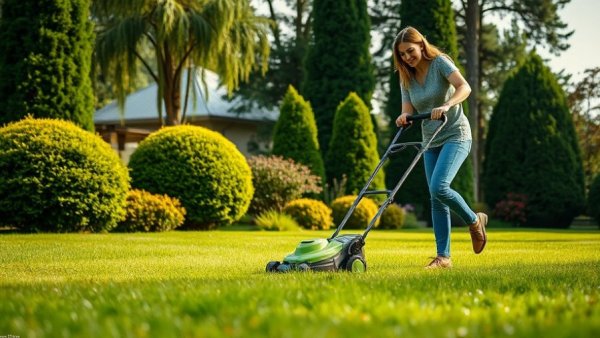 September gardening tips for homeowners: woman mowing lawn