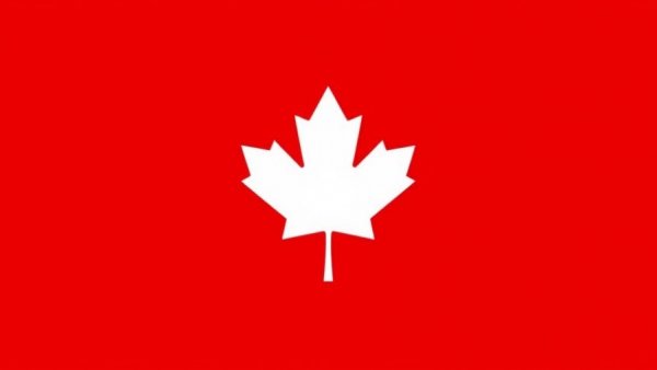 White maple leaf icon on red background.