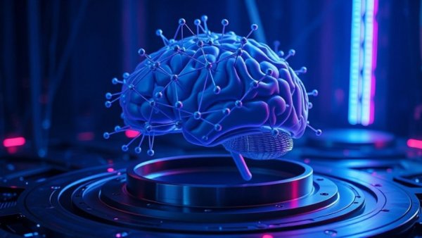 3D neural network symbolizes AI in contractor selection, futuristic illustration.