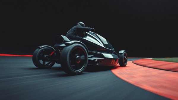 Futuristic robotic lawn mowers racing on curved track, IFA 2026.