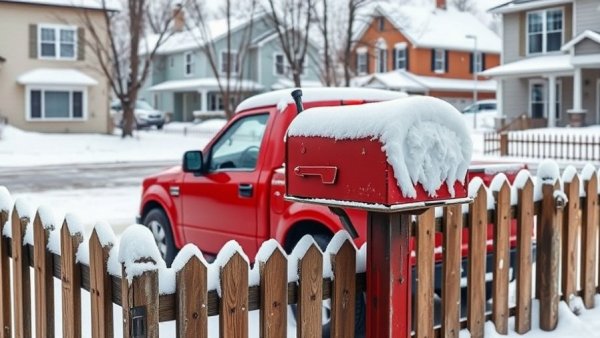 Snow removal services Muskegon: red truck and snow-covered mailbox.