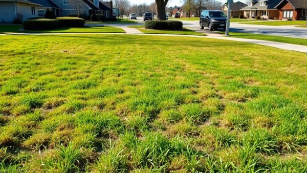 Patchy suburban lawn highlighting need for fertilization, Muskegon.