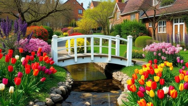 Vibrant garden with white bridge and flowers in Muskegon
