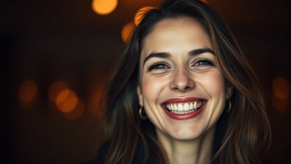 Cheerful woman's portrait in soft lighting.