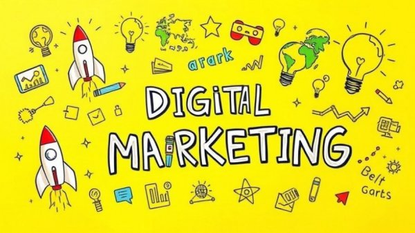 Colorful advertising doodles on yellow background illustrating online impressions.