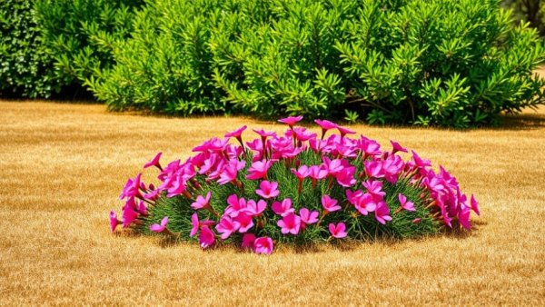 Dry lawn with colorful shrubs, lawn care services Shelby MI