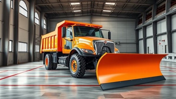 Large orange snowplow truck indoors for snow removal services in Muskegon.