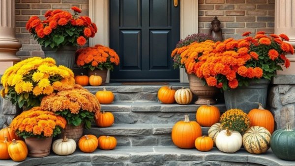 Autumn porch with pumpkins and chrysanthemums on stone stairs.