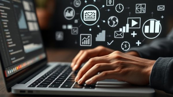 Hands on laptop with digital marketing icons for practitioner spotlight