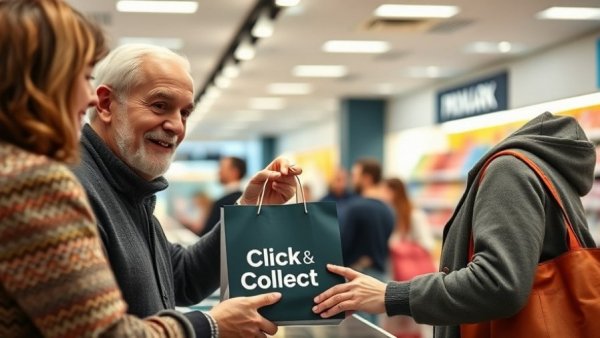 Primark goes online: man at click and collect counter receiving shopping bag.