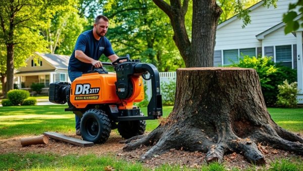 DR XD17 Commercial Stump Grinder in action in a sunny backyard.