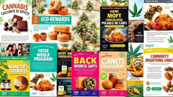 Cannabis marketing collage with edibles and rewards ads.