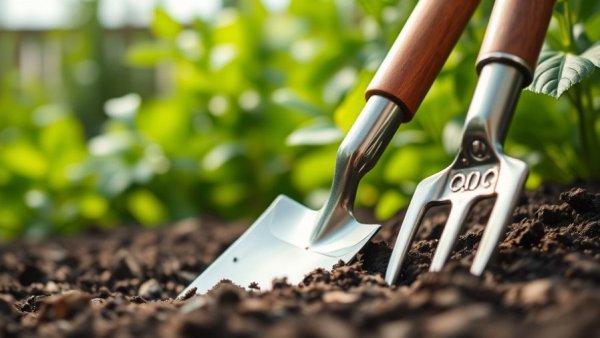 Gardening tools in a vibrant garden setting